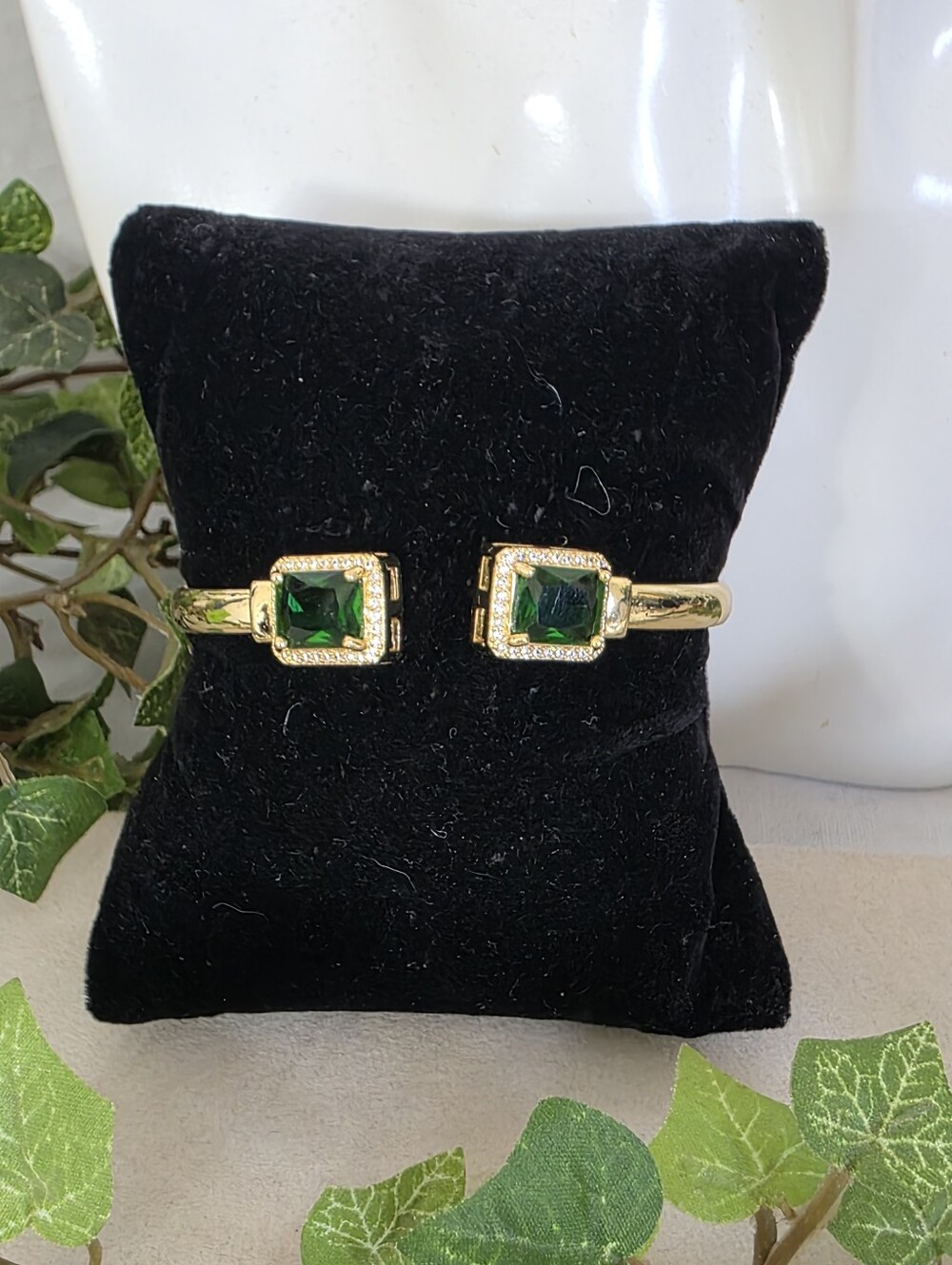 Gold Filled Emerald Green Crystal Cushion Cut Open Cuff Bypass Bracelet